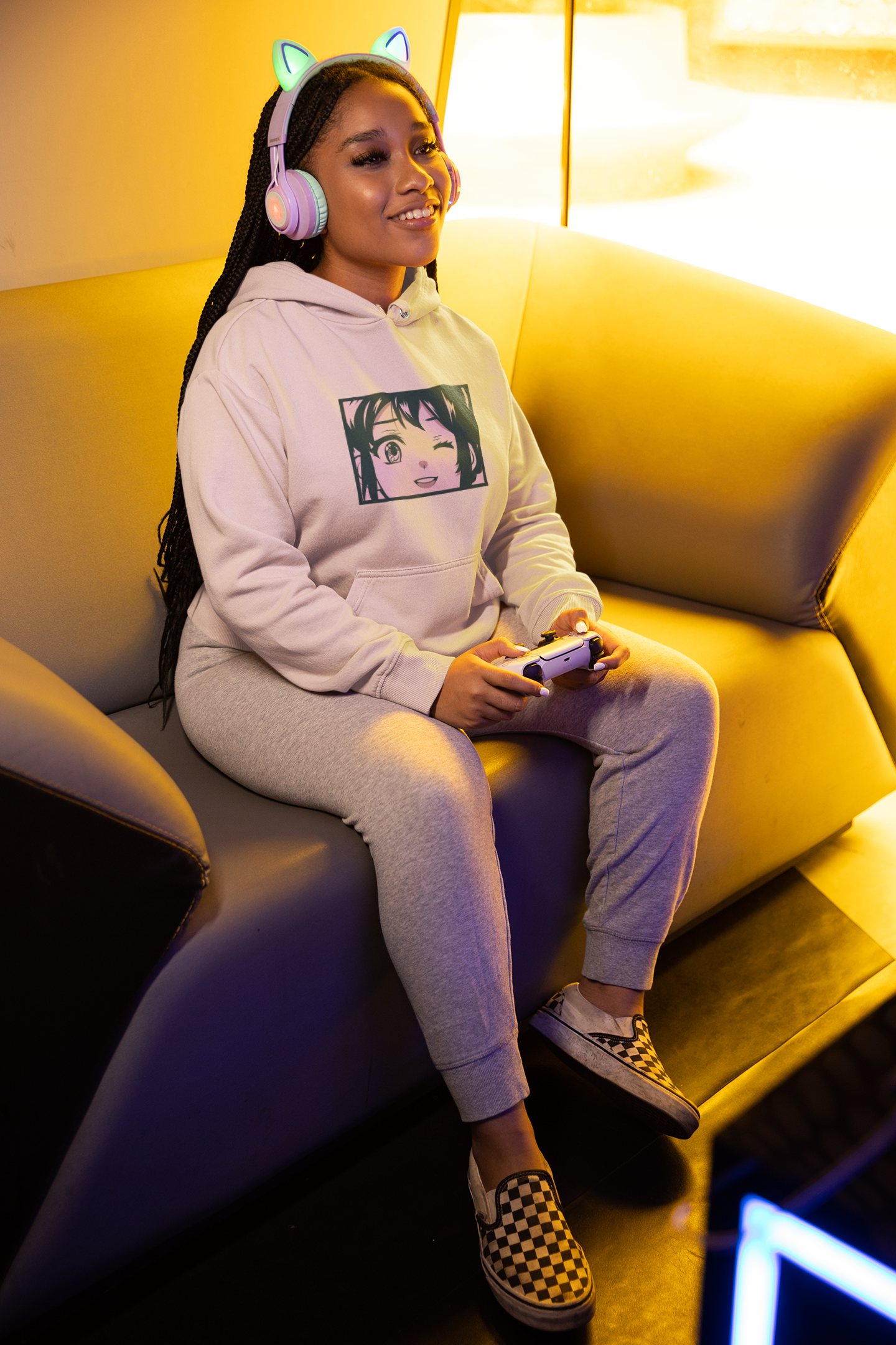 Gaming girl wearing anime character hoodie